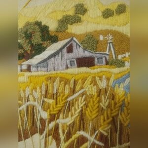 Handmade Custom Framed Crewel Rustic Farm Landscape Embroidery Art